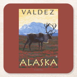 Caribou Scene - Valdez, Alaska Square Paper Coaster