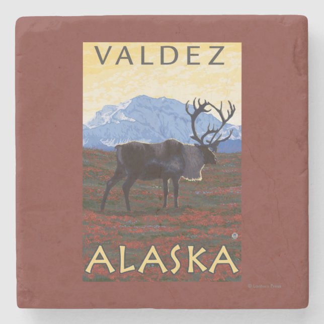Caribou Scene - Valdez, Alaska Stone Coaster (Front)