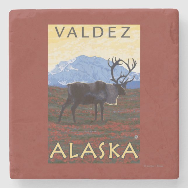 Caribou Scene - Valdez, Alaska Stone Coaster (Front)