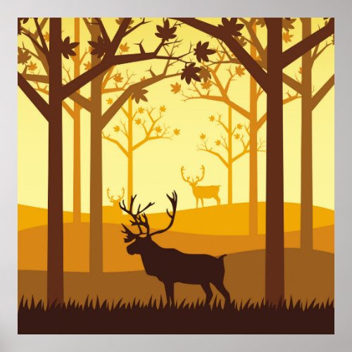 Caribou silhouette in the forest on the autumn sea poster