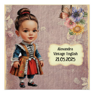 Caricature Girl dressed up in Vintage English Poster