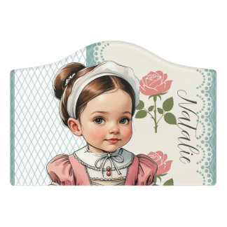 Caricature Girl dressed up in Vintage French Door Sign