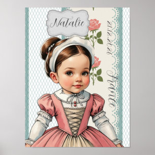 Caricature Girl dressed up  in Vintage French  Poster