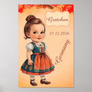 Caricature Girl dressed up  in Vintage German Poster