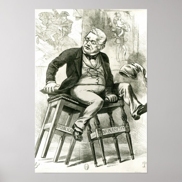 Caricature of Adolphe Thiers  between two Posters