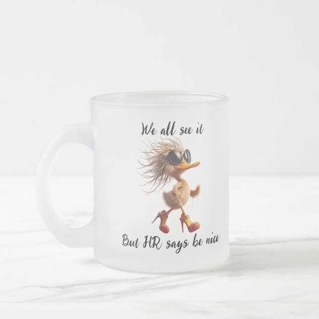 Caricature of HR, Meme, Office humor mug. Frosted Glass Coffee Mug (Left)