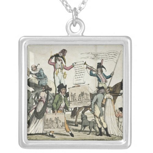 Caricature of quack doctors offering vaccines silver plated necklace