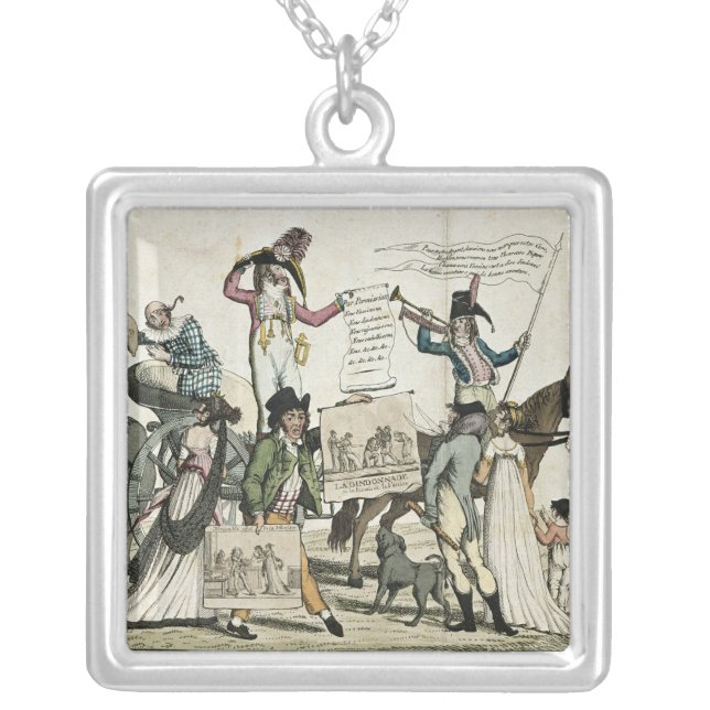 Caricature of quack doctors offering vaccines silver plated necklace (Front)