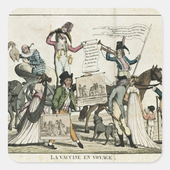 Caricature of quack doctors offering vaccines square sticker (Front)