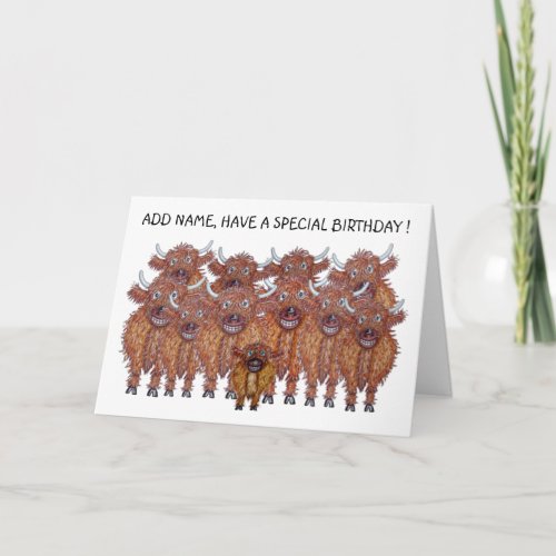 Caricatures of highland cow and new born card