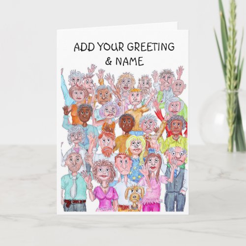 Caricatures of people waving goodbye card