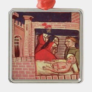 Caring for an injured man in a castle metal ornament