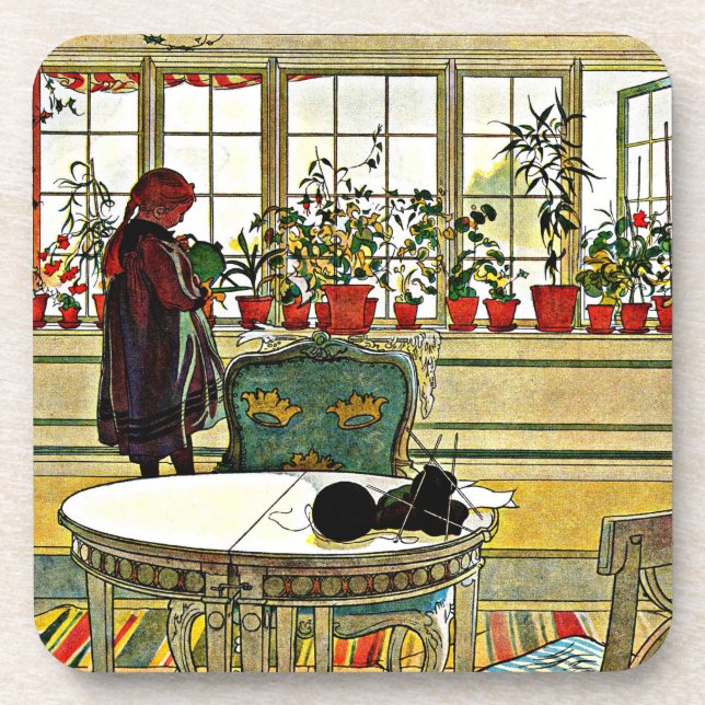 Carl Larsson - Flowers on a Windowsill  Beverage Coaster (Front)