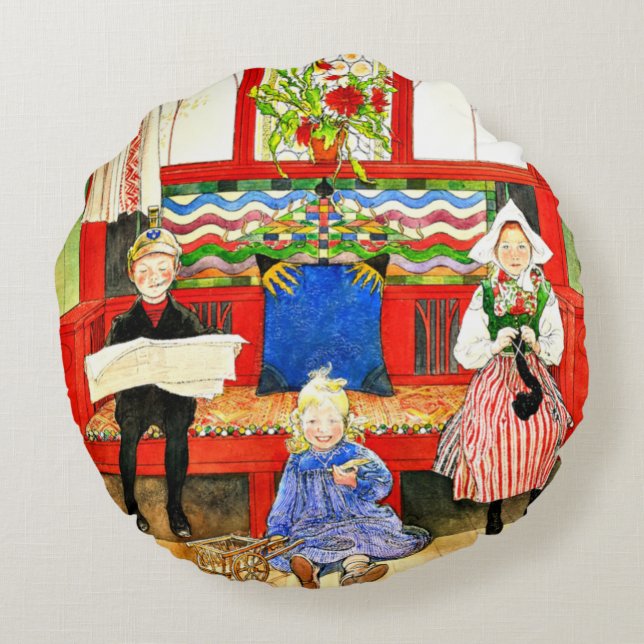 Carl Larsson - Papa, Mama, Child, fine art Round Pillow (Back)