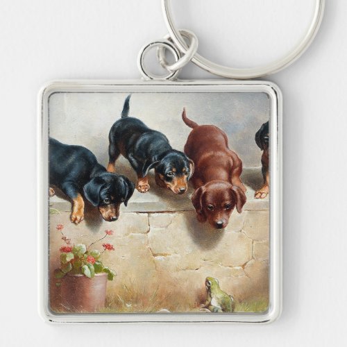 Carl Reichert Curious Dachshund Puppies and a Frog Keychain