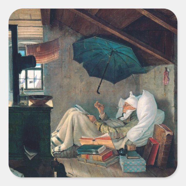 Carl Spitzweg - The Poet's Poor German Painting Square Sticker (Front)
