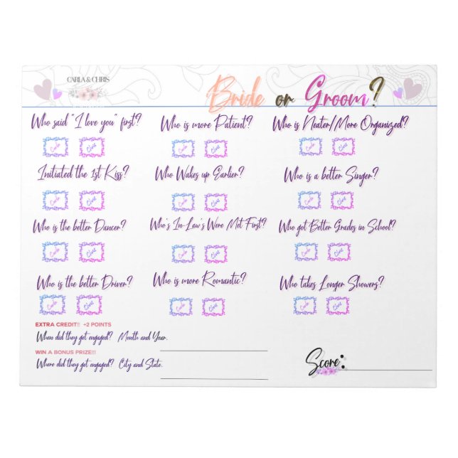 Carla's Bridal Shower Game "Bride or Groom?" Notepad (Front)