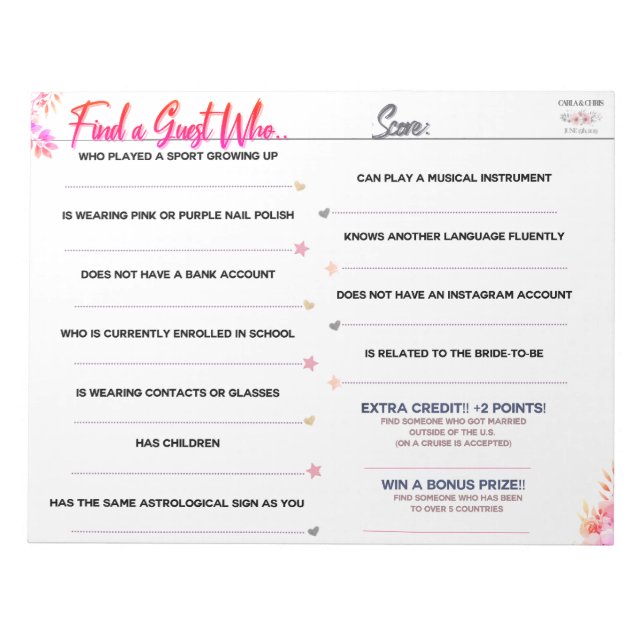 Carla's Bridal Shower Game "Find a Guest Who.." Notepad (Front)