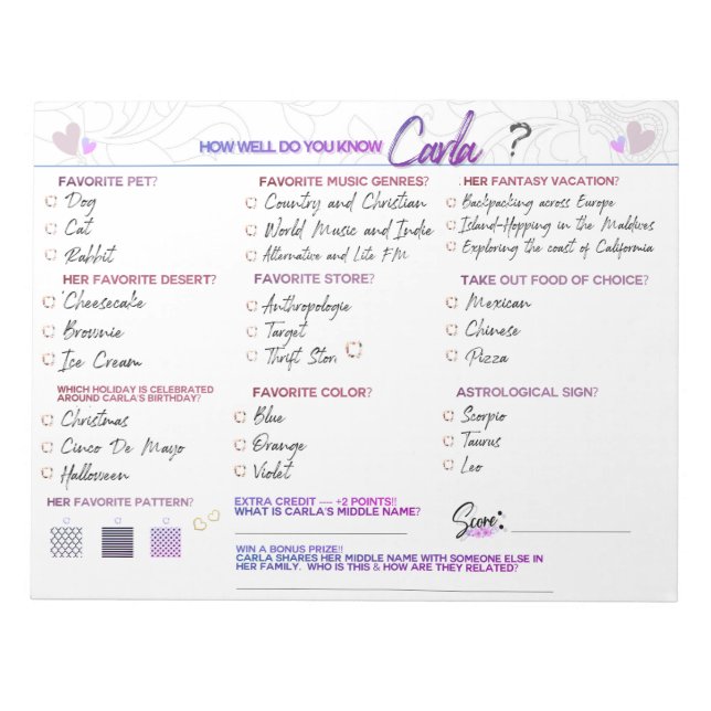 Carla's Bridal Shower Game "How Well Do You Know" Notepad (Front)
