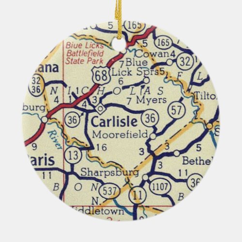 Carlisle KY Vintage Map Ceramic Ornament