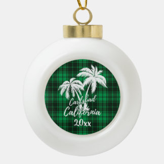 Carlsbad California Beach Palm Tree Green Plaid Ceramic Ball Christmas Ornament