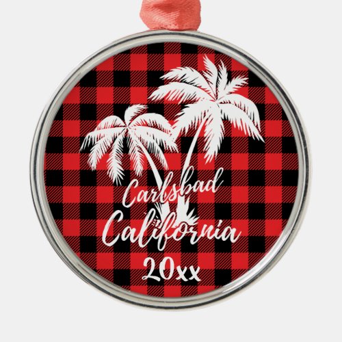 Carlsbad California Beach Palm Tree Red Plaid Metal Ornament