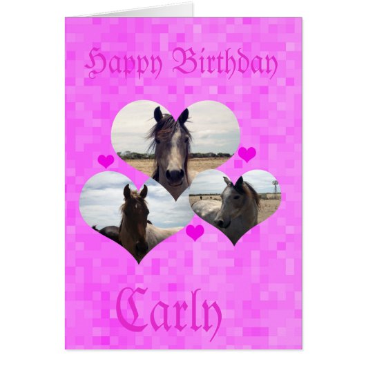 Carly, Happy Birthday, Horses Love Hearts Card, (Front)