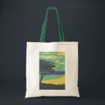 Carmel Beach California Travel Art Vintage Tote Bag<br><div class="desc">Carmel-by-the-Sea in a vector art style. Carmel-by-the-Sea is a small beach city on California's Monterey Peninsula. It's known for the museums and library of the historic Carmel Mission.</div>