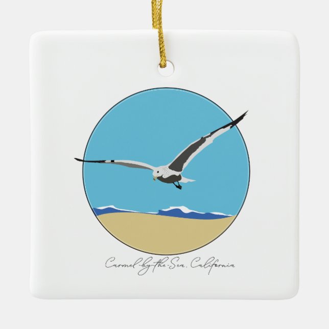 Carmel By the Sea California Sea Gull over Beach  Ceramic Ornament (Front)