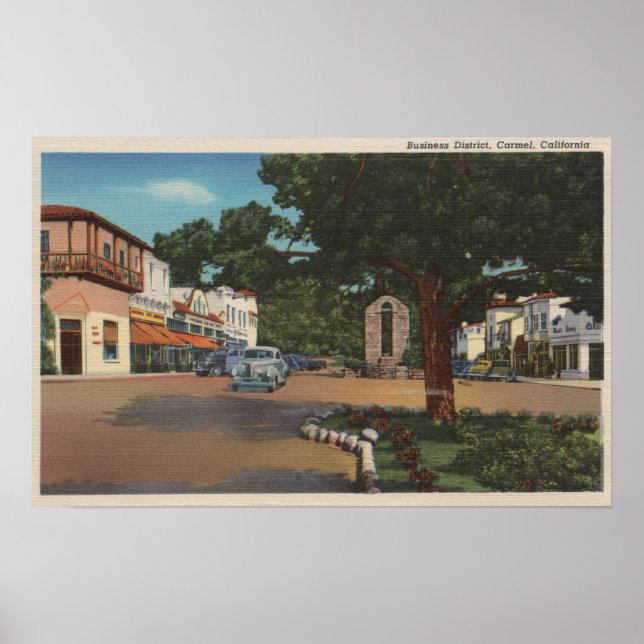 Carmel, CA - Street Scene with Trees and Shops Poster (Front)