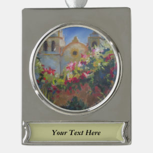 Carmel Spanish Mission California Garden Silver Plated Banner Ornament
