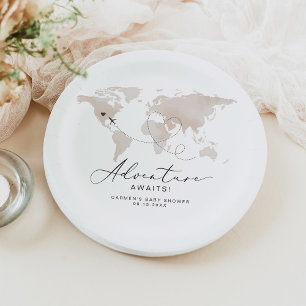 CARMEN Beige Map Adventure Baby Shower Paper Plates