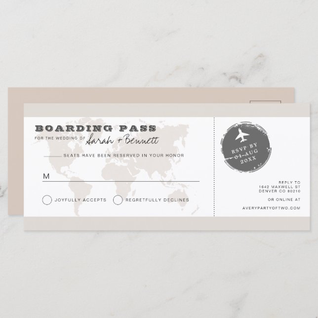 CARMEN Beige World Map Boarding Pass RSVP Card (Front/Back)