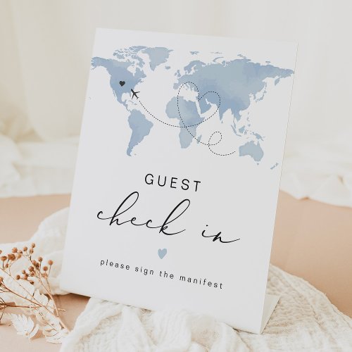 CARMEN Blue Travel Themed Guest Check In Pedestal Sign