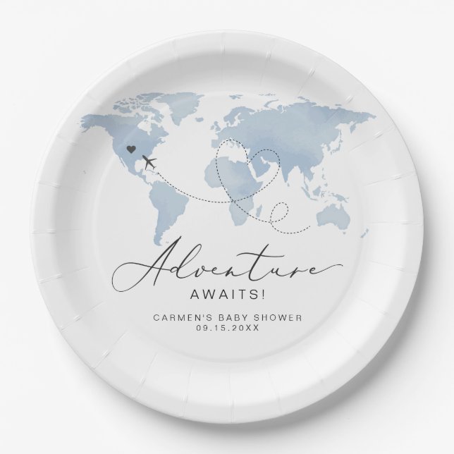 CARMEN Dusty Blue Map Adventure Baby Shower Paper Plates (Front)
