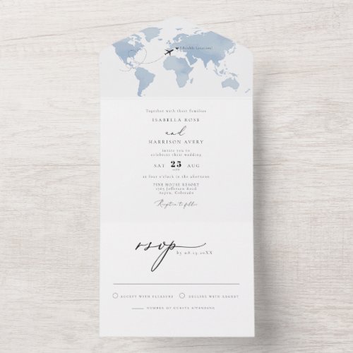 CARMEN Dusty Blue Map Travel Destination Wedding A All In One Invitation