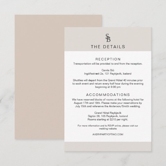 CARMEN Passport Style Monogram Wedding Details Invitation (Front/Back)