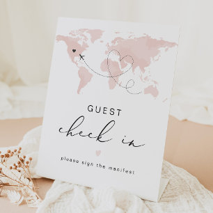 CARMEN Pink Travel Themed Guest Check In Pedestal Sign