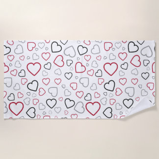 Carmin Red Gray Happy Hearts pattern Beach Towel
