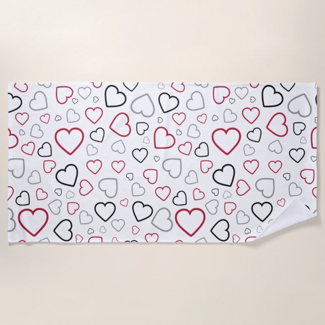 Carmin Red Gray Happy Hearts pattern Beach Towel (Front)