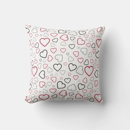 Carmin Red Gray Happy Hearts pattern Throw Pillow