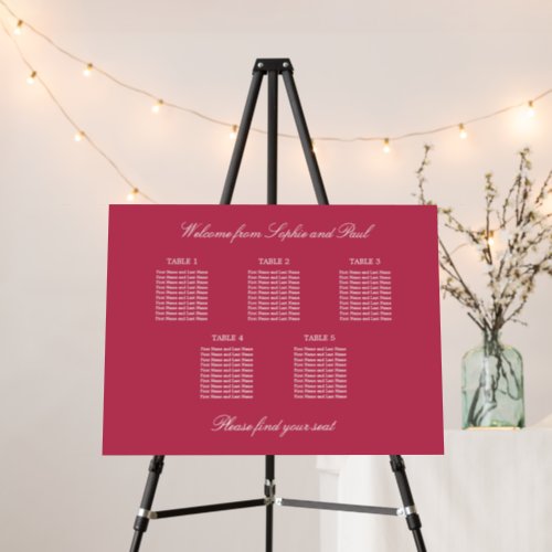 Carmine Magenta 5 Table Seating Chart Foam Board