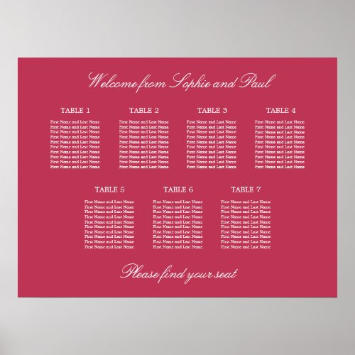 Carmine Magenta 7 Table Seating Chart Poster