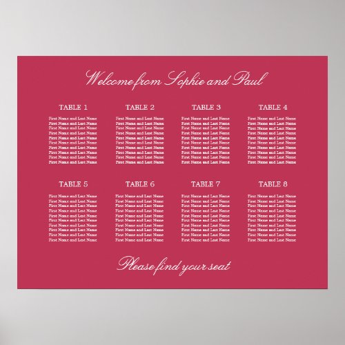 Carmine Magenta 8 Table Seating Chart Poster