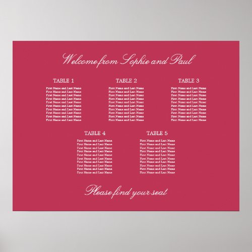Carmine Magenta Red 5 Table Seating Chart Poster