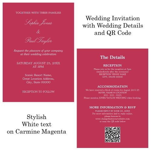 Carmine Magenta Wedding QR Code RSVP Invitation