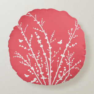 Carmine Pink Butterflies Botanical Branches Modern Round Pillow