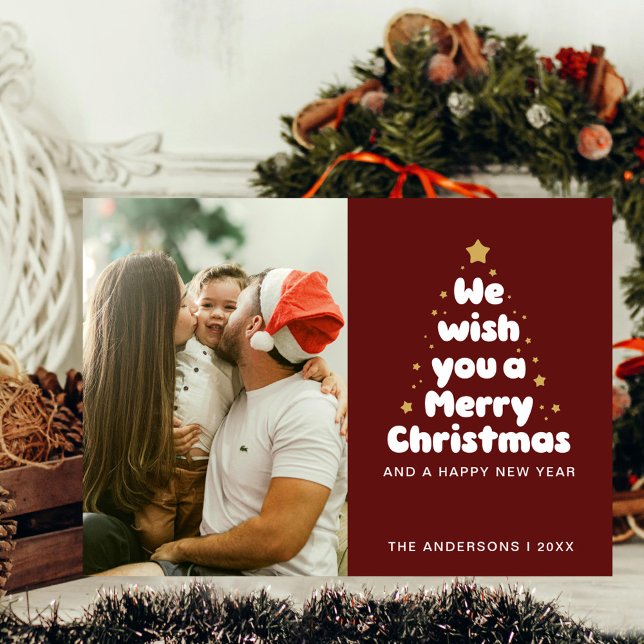 Carmine Red Merry Christmas Tree Family Kiss  Holiday Card (Creator Uploaded)