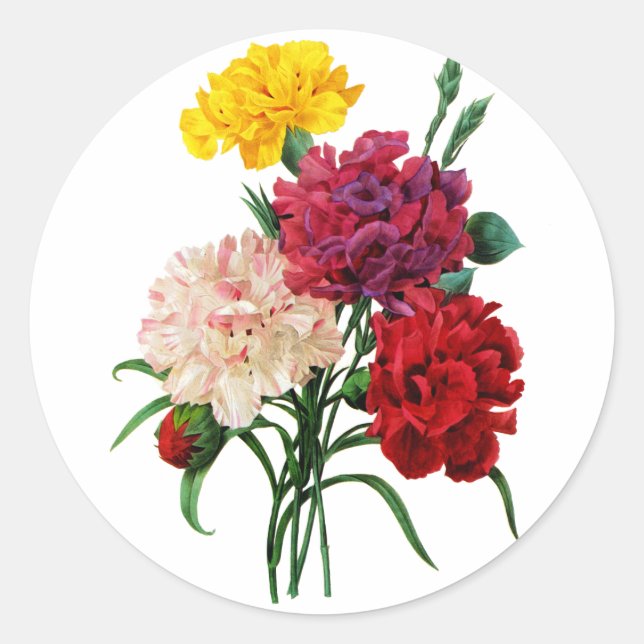 Carnation and Marigold Bouquet by Redoute Classic Round Sticker (Front)
