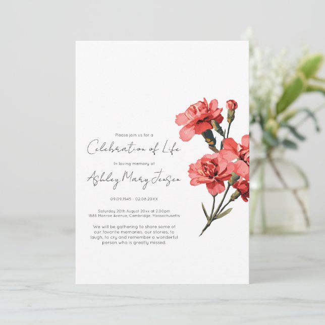 Carnation Celebration of Life Funeral Invitation (Standing Front)